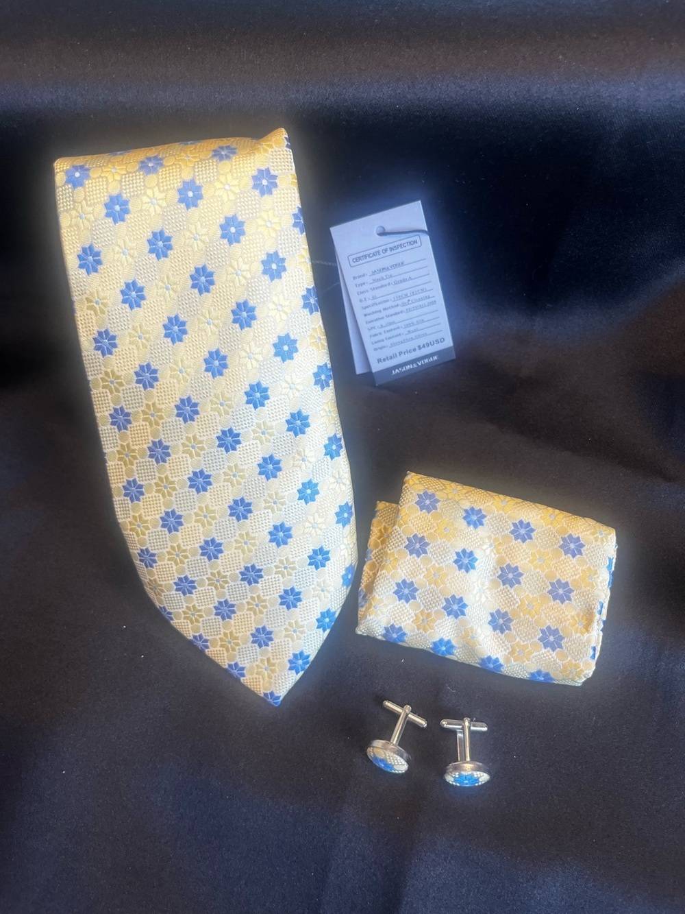 Men's Yellow & Blue Patterned Tie Set - Pocket Square & Cufflinks